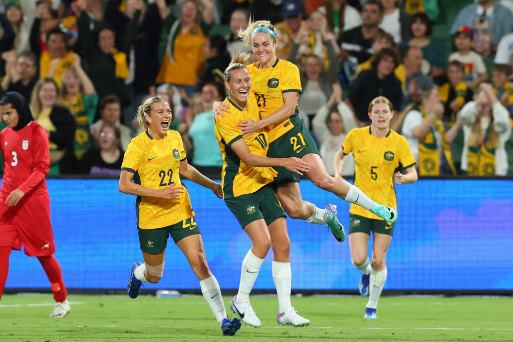 PERTH, AUSTRALIA - OCTOBER 26: Ellie Carpenter of the Matildas celebrates her goal during the AFC Women's Asian Olympic Qualifier match between Australia Matildas and IR Iran at HBF Park on October 26, 2023 in Perth, Australia. (Photo by James Worsfold/Getty Images)