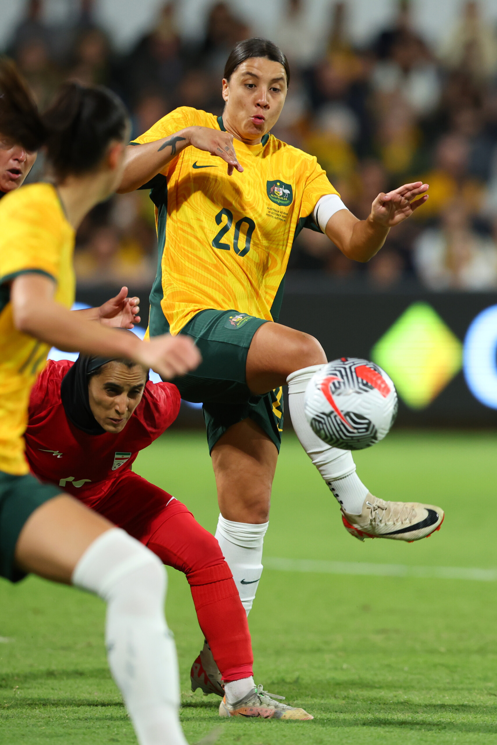 PERTH, AUSTRALIA - OCTOBER 26: Sam Kerr of the Matildas attempts to intercept the ball during the AFC Women's Asian Olympic Qualifier match between Australia Matildas and IR Iran at HBF Park on October 26, 2023 in Perth, Australia. (Photo by James Worsfold/Getty Images)