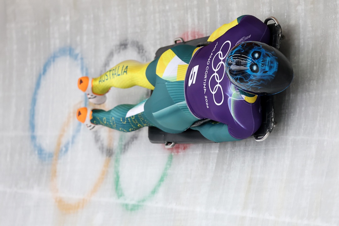 CORTINA D'AMPEZZO, ITALY - FEBRUARY 09: Nicholas Timmings of Team Australia participates during Skeleton Men's Singles training on day three of the Milano Cortina 2026 Winter Olympic games at Cortina Sliding Centre on February 09, 2026 in Cortina d'Ampezzo, Italy. (Photo by Al Bello/Getty Images)