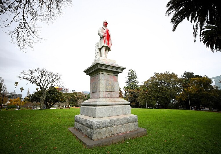 AUCKLAND, NEW ZEALAND - JUNE 16: A statue of Sir George Grey is seen covered in red paint at Albert Park on June 16, 2020 in Auckland, New Zealand. The former New Zealand Prime Minister Sir George Grey. Grey was governor of New Zealand during the initial stages of the New Zealand Wars where many Mori were killed and land was confiscated. (Photo by Phil Walter/Getty Images)