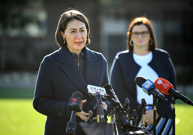 NSW Premier Gladys Berejiklian (left) and NSW Minister for Education Sarah Mitchell speak to the media during a press conference in Sydney, Tuesday, June 23, 2020. Ms Berejiklian has announced her government's response to a review of the school curriculum, saying it needs a revamp with a focus on basics. (AAP Image/Joel Carrett) NO ARCHIVING