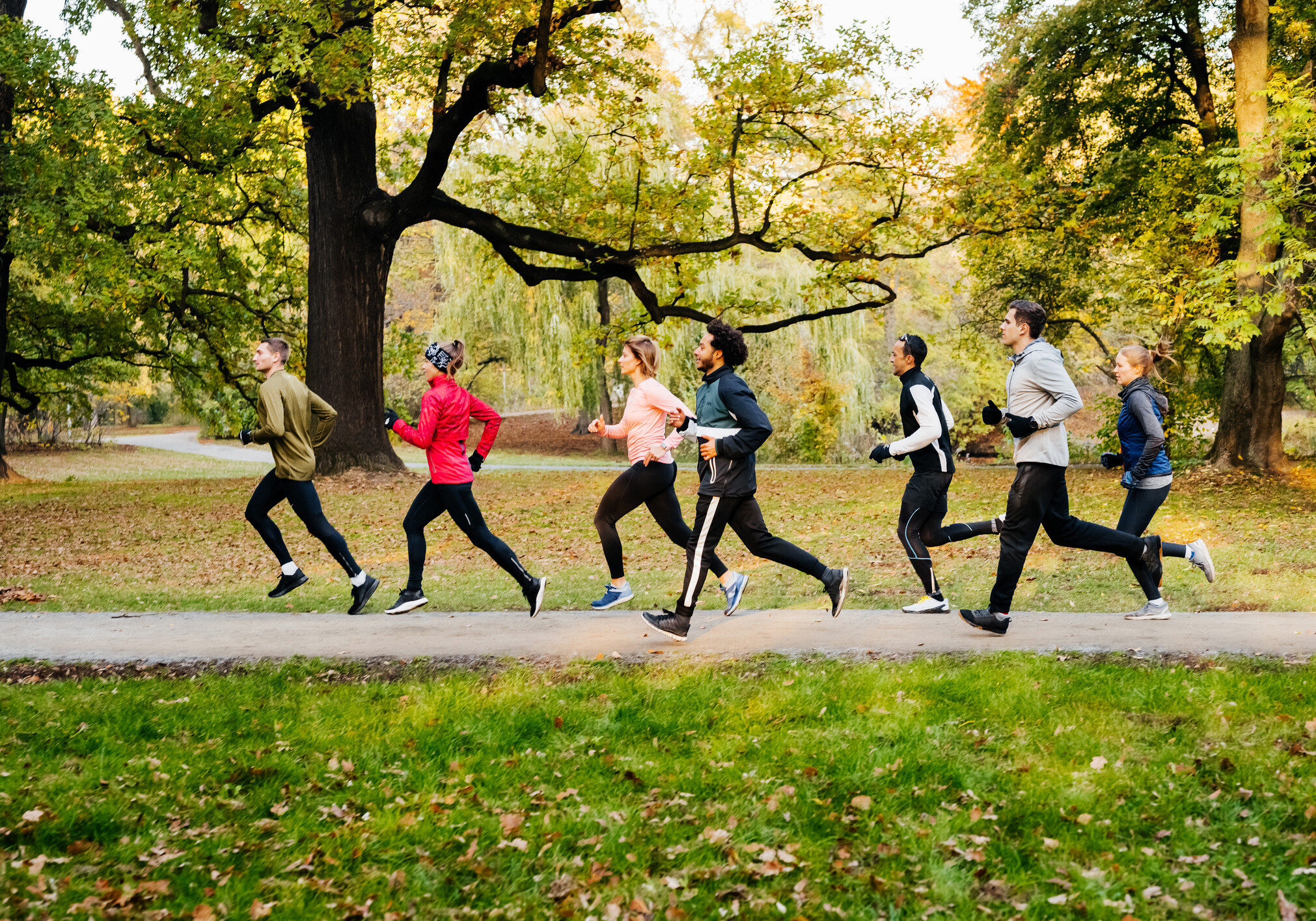 A group of joggers racing against each other on pedestrian walk way at the park.